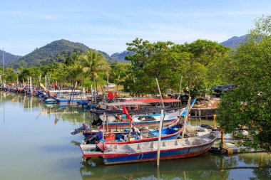 Penang, Malezya - 28 Aralık 2025: Malezya 'da balıkçı köyü Kuala Sungai Pinang, Penang, Malezya' da ağaçlar ve tepelerle çevrili balıkçı tekneleri sıralanmıştır..
