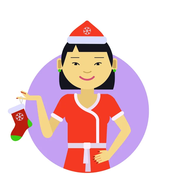 Asian woman holding Christmas sock — Stock Vector