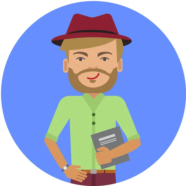Uomo sorridente con cappello e libro in mano — Vettoriale Stock