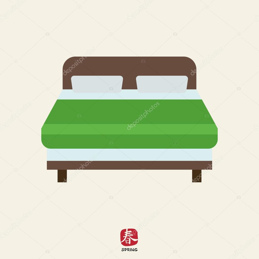 Icon of wooden double bed covered with green blanket