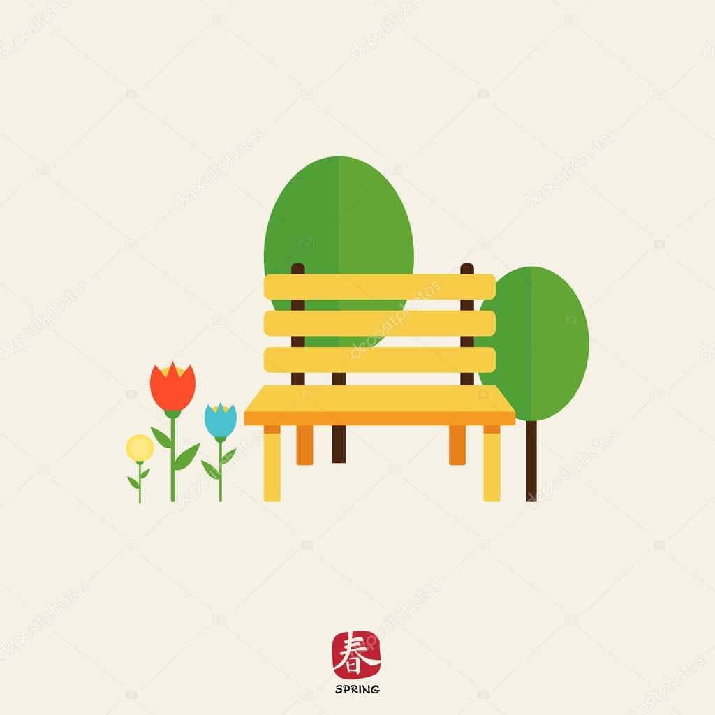 Icon of park bench, trees and flowerbed