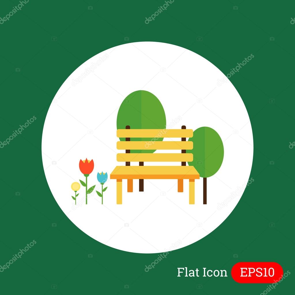 Icon of park bench, trees and flowerbed