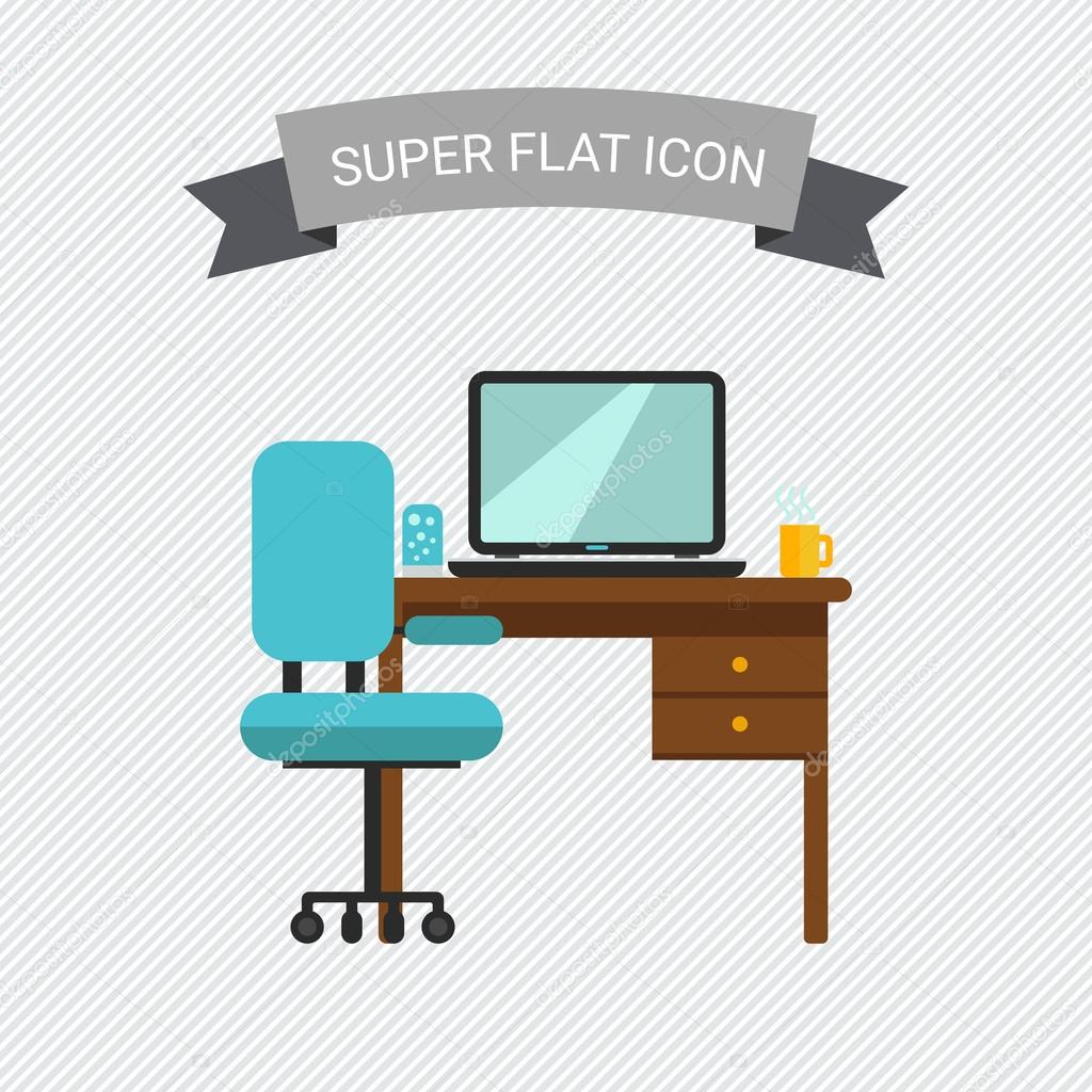 Icon of study interior including chair, desk with laptop, lamp and hot drink cup