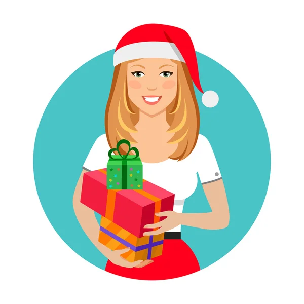 Femme en santa chapeau tenant des boîtes-cadeaux — Image vectorielle