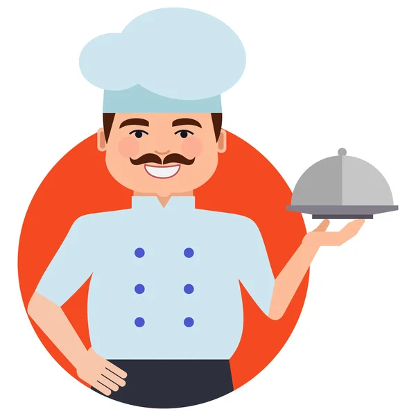 Sorrindo chef masculino com cloche fechado — Vetor de Stock