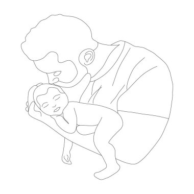 Poster ya da tekstil baskısı için kollarında çocuk olan bir adamın doğrusal portresi..