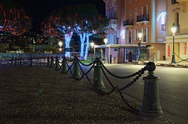 Monaco, 04 Ocak 2016 - Prens Sarayı önünde evler. Sokaklar ve Noel ışıkları ile dekore edilmiş ağaçlar