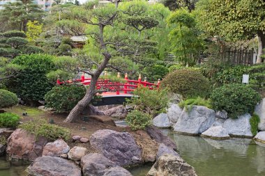 Japon bahçe Monako sabahın erken saatlerinde. Kırmızı Köprüsü bir çalının arkasında gizlidir