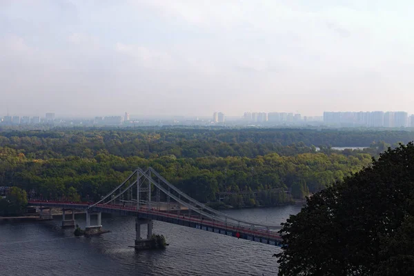 Aerial Autumn Landscape View Dnieper River Pedestrian Bridge Trukhaniv Island — Stock Photo, Image