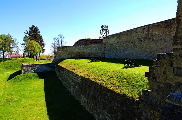 Three Medieval Cannons Green Grass Front Defensive Wall Ancient Fortifications — Stock Photo, Image