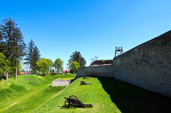 Three Medieval Cannons Green Grass Front Defensive Wall Ancient Fortifications — Stock Photo, Image