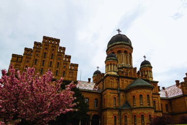 Diğer antik binalarla Üç Hiyerarşik Kilise manzarası. Çiçek ağacı sınırı. Doğal çerçeve. Mavi gökyüzü arka planı. UNESCO Dünya Mirası Alanı. Ünlü turistik mekan ve tatil beldesi.