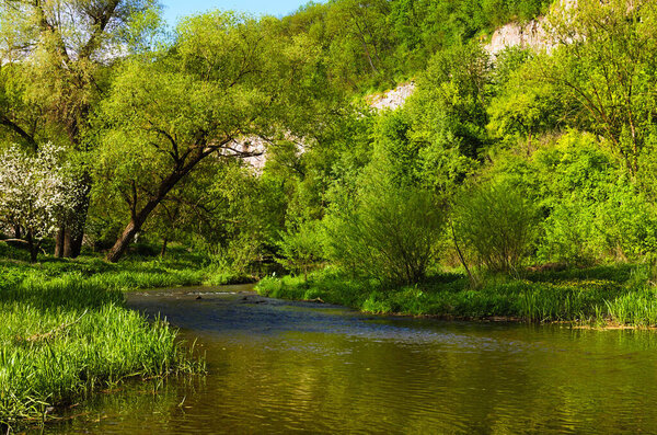 Picturesque spring landscape. Narrow and winding part of the river between two banks with many dense bushes and green trees. Vibrant sky reflected in tranquil water. Concept of landscape and nature.