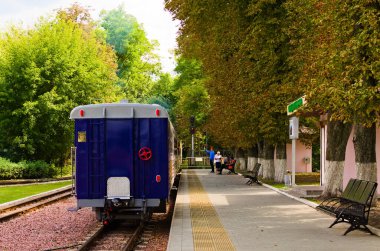 Kyiv, Ukrayna-22 Ağustos 2021: Çocuk treni istasyondan kalkıyor. İstasyon şefi kalkışa izin verdi. Syretsky Park 'taki Kyiv Çocuk Demiryolu İstasyonu. Trenin kalkmasına izin veriliyor..