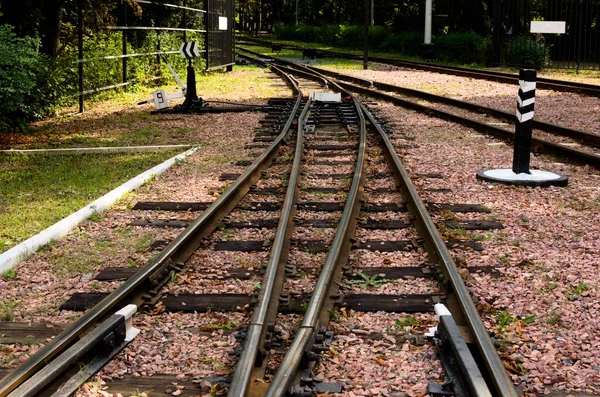 시레트 파크의 키예프 어린이 Kyiv Childrens Railway 스위치와 교류가 기하학적 — 스톡 사진