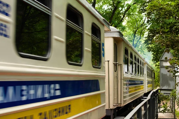 2021年8月22日 乌克兰基辅 狭窄的铁路车厢的模糊运动 西列茨基公园的风景自然景观 改造后的基辅儿童铁路 教练员的视线模糊不清 — 图库照片