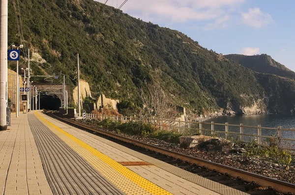 Vasútállomás a strandon. sínek az alagútban. Corniglia. Th — Stock Fotó