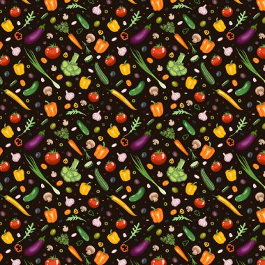 Renkli sebzelerle kusursuz desen. Tasarımınız için vektör illüstrasyonu