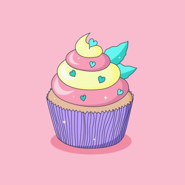 Kawaii cupcake, doodle style vektör illüstrasyonu