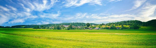 Панорамний Природний Ландшафт Зеленим Трав Яним Полем Блакитне Небо Хмарами — стокове фото