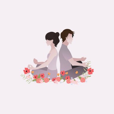 Bir erkek ve bir kadın sırt sırta meditasyon yaparlar. Meditasyon ve yoga dersleri. Çift çiçek meditasyonu yapıyor. Vektör illüstrasyonu.