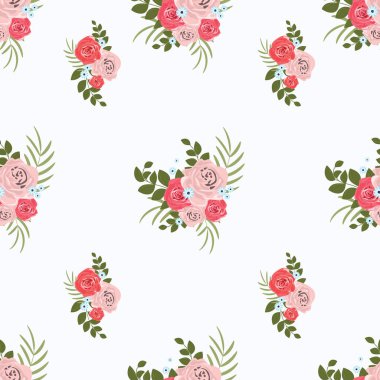 Gül buketlerinin deseni. Kumaş, kumaş tasarımı, kapaklar, imalat, duvar kâğıtları, baskı, hediye paketi ve yapıştırma kitabı, afiş, poster, kart, davetiye ve albüm. Vektör illüstrasyonu.