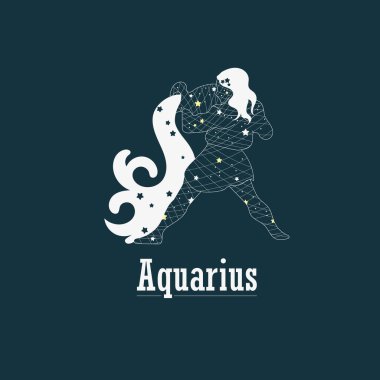 Kova burcu. Zodiac tabela tasarımı. Yıldız ızgaralı Zodiac tasarımı. Soyut akvaryum tasarımı. Latince metinli işaretler.