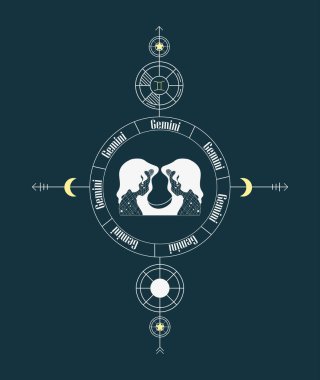 İkizler. Zodiac tabela tasarımı. Yıldız ızgaralı Zodiac tasarımı. Soyut ikizler tasarımı. Latince yazılı işaretler. Yıldız falı işaretlerinin vektör grafik çizimleri. Zodiac işaretleri.