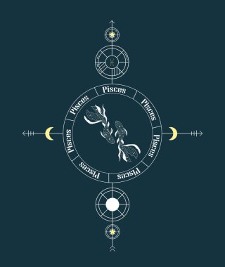 Balık burcu. Zodiac tabela tasarımı. Yıldız ızgaralı Zodiac tasarımı. Soyut balık tasarımı. Latince yazılı işaretler. Yıldız falı işaretlerinin vektör grafik çizimleri. Zodiac işaretleri.
