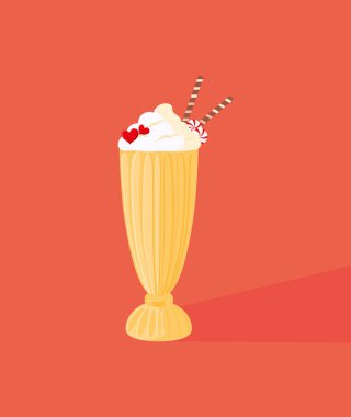 Milkshake vektör çizimi, tasarım elementi. Meyve, böğürtlen ve kremayla süslenmiş bir sürü tatlı soğuk içecek. Düz bir şekilde vektör illüstrasyonu. Kart, poster, afiş, etiket, tişört için baskı şablonu.