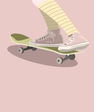 Kaykay pastel renk vektörü. Retro dörtlü kaykay pastel renkler, modern moda tasarımı. Spor geçmişi. Vektör çizimi. Çoraplı kız. Kart, poster, afiş, etiket, tişört için baskı şablonu.