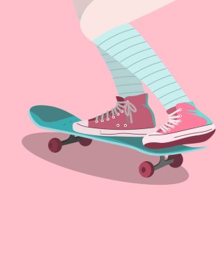 Kaykay Neon Vektörü. Retro dörtlü kaykay neonu, modern trend tasarımı. Spor geçmişi. Vektör çizimi. Çoraplı kız. Kart, poster, afiş, etiket, tişört için baskı şablonu.