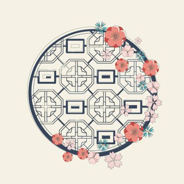 Çin geleneksel penceresi. Yuvarlak çerçeveli çiçekler. Renkli bir Çin penceresinin el çizimi. Vektör. Kart, poster, afiş, etiket, baskı için resim. Romantik ve sevimli tasarım..