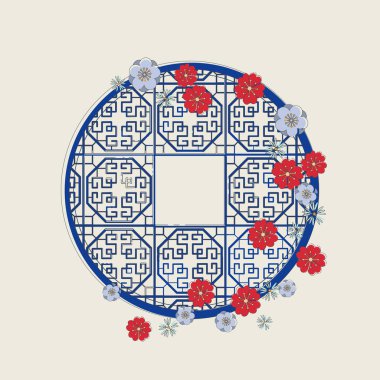 Çin geleneksel penceresi. Yuvarlak çerçeveli kırmızı çiçekler. Renkli bir Çin bkue penceresinin el çizimi. Vektör. Kart, poster, afiş, etiket, baskı için resim. Romantik ve sevimli tasarım..