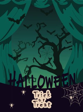 Cadılar Bayramı partileri ya da tebrik kartları. Dolunay ve yarasalarla karanlık bir gece. Düz vektör illüstrasyonu.