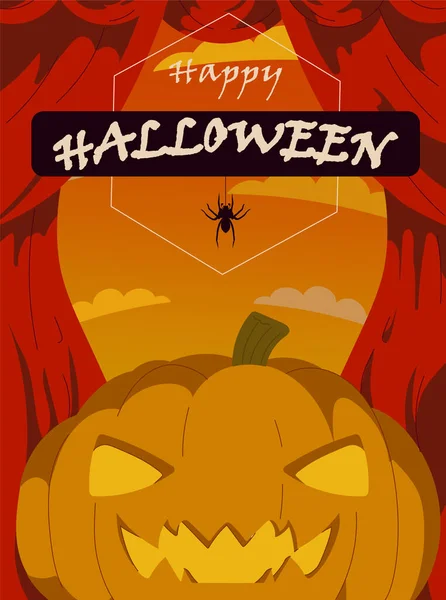 Feste Halloween Biglietti Auguri Zucca Sullo Sfondo Del Tramonto Illustrazione — Vettoriale Stock