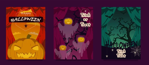 Vector Set Uitnodigingen Voor Halloween Feestjes Wenskaarten Pompoen Achtergrond Van — Stockvector