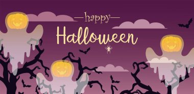 Arka planda ağaçlar olan kabak hayaletleri. Bayrak Mutlu Cadılar Bayramı.