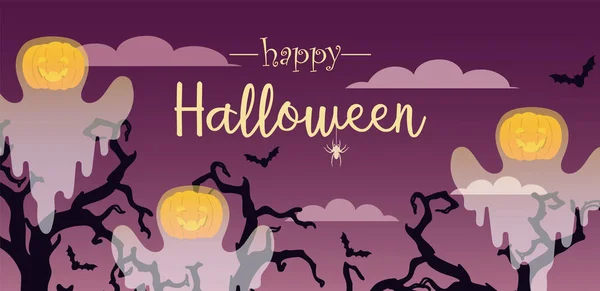 Kürbisgeister Mit Bäumen Hintergrund Banner Happy Halloween — Stockvektor