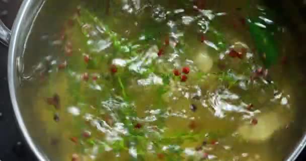 饺子用开水与香料和纺纱一起煮 — 图库视频影像
