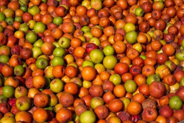 Luang Prabang, Laos 'ta renkli arkaplan deseni oluşturan renkli meyvelerin yakın çekim makrosu