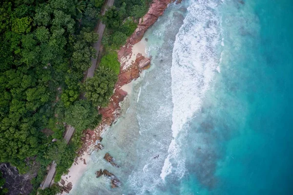 Luchtfoto Van Weg Tussen Bos Strand Digue Seychellen — Stockfoto
