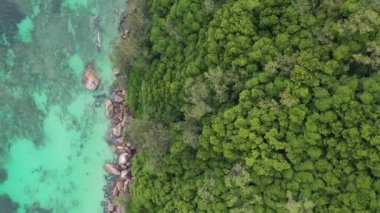 Drone field of view of turquoise waters meeting cliff and forest in Praslin, Seychelles.