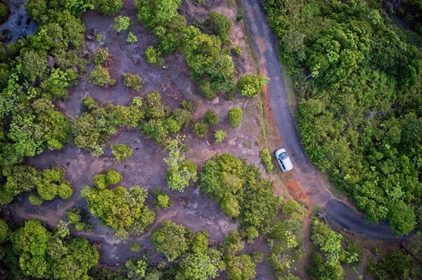 Drone field of view of dirt road and car hidden among green nature Mahe Seychelles.