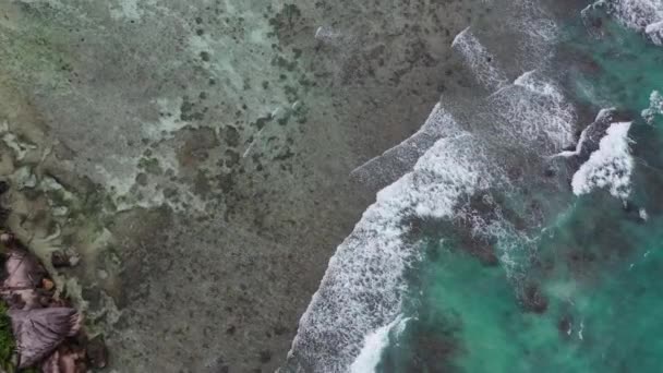 俯瞰海浪冲向棕榈和海岸线的无人机 塞舌尔拉迪古 — 图库视频影像