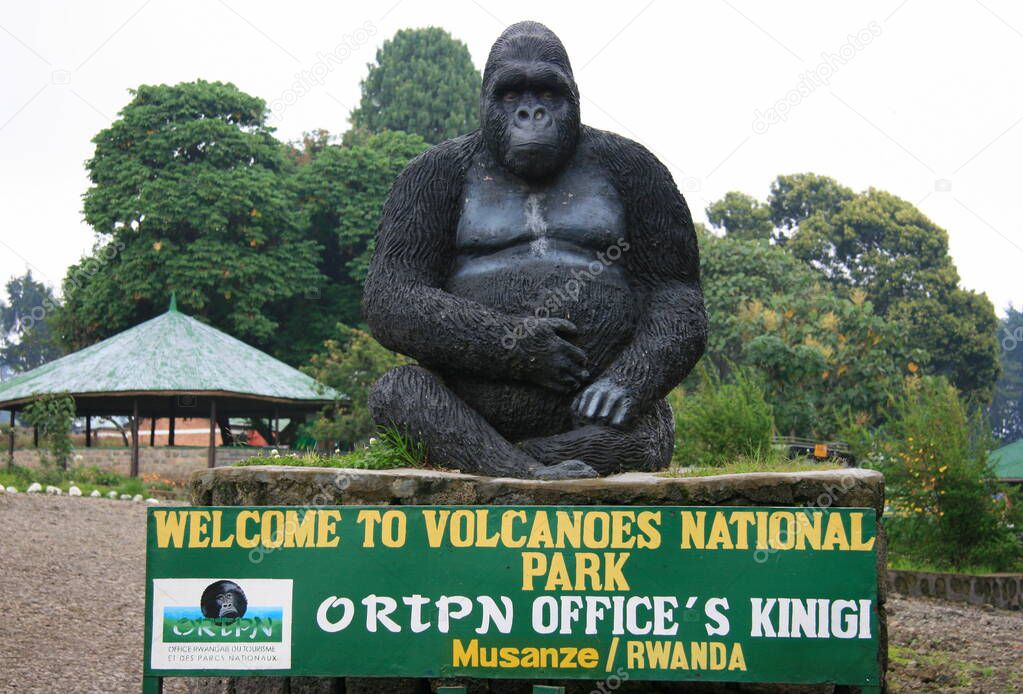 Entrance sign to office of Parc National des Volcans (Volcanoes National Park) to view Mountain Gorillas, Rwanda.