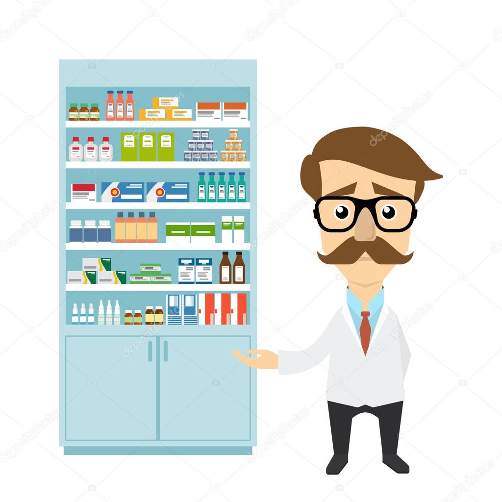 Health care. Male pharmacist in pharmacy opposite shelves with medicines