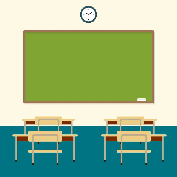 Aula escolar con pizarra y escritorios. tablero de educación, mesa y estudio. Ilustración plana del vector — Vector de stock