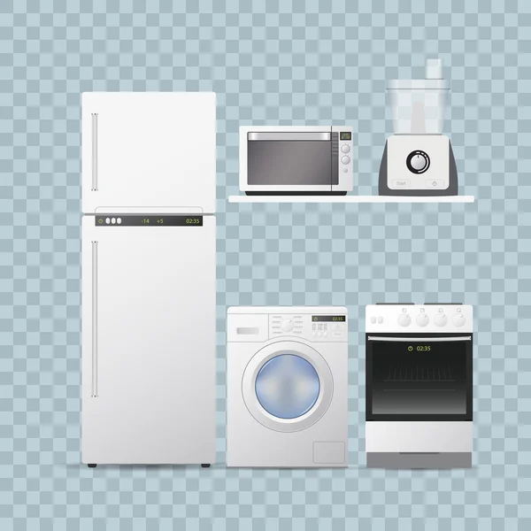 Állítsa be a konyhába háztartási készülékek. átlátszó háttér, reális vektoros illusztráció. — Stock Vector