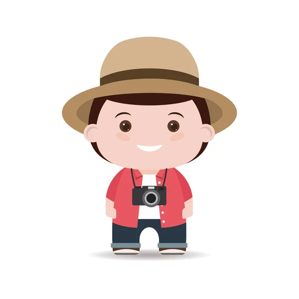 Turista en camisa y sombrero con cámara aislada fondo blanco . — Vector de stock